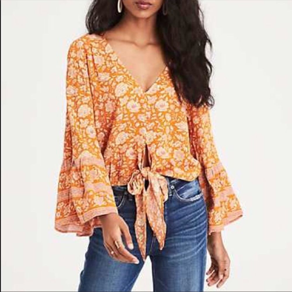 American Eagle Outfitters Orange Flowers Floral Bell Sleeve Bohemian Blouse Top
